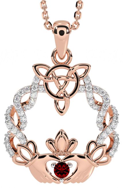 Diamond Garnet Rose Gold Silver Celtic Claddagh Necklace