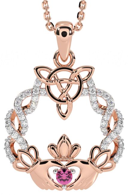 Diamond Pink Tourmaline Rose Gold Silver Celtic Claddagh Necklace