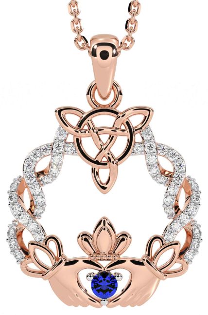 Diamond Sapphire Rose Gold Silver Celtic Claddagh Necklace