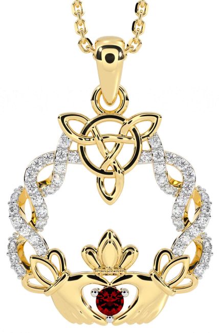 Diamond Garnet Gold Silver Celtic Claddagh Necklace