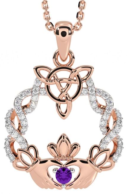 Diamond Amethyst Rose Gold Celtic Claddagh Necklace