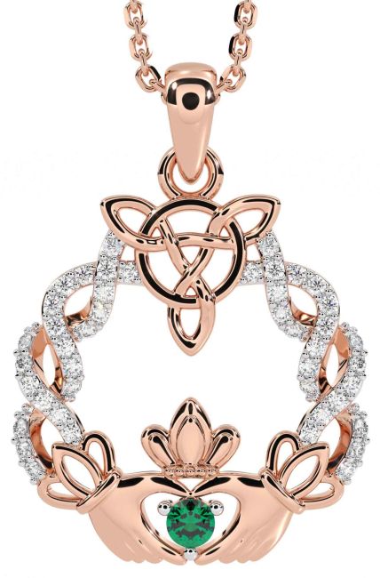 Diamond Emerald Rose Gold Celtic Claddagh Necklace