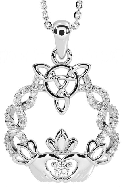 Diamond Silver Celtic Claddagh Necklace