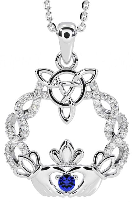 Diamond Sapphire Silver Celtic Claddagh Necklace