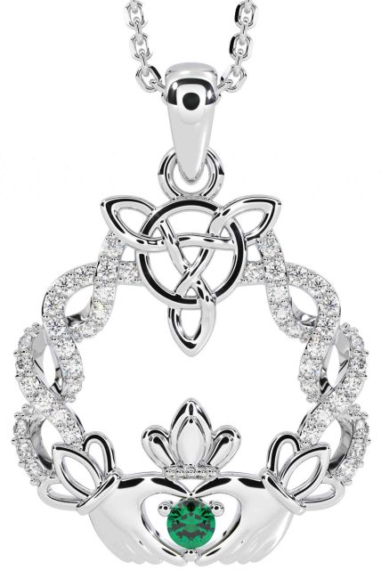 Diamond Emerald White Gold Celtic Claddagh Necklace