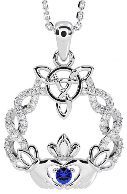 Diamond Sapphire White Gold Celtic Claddagh Necklace