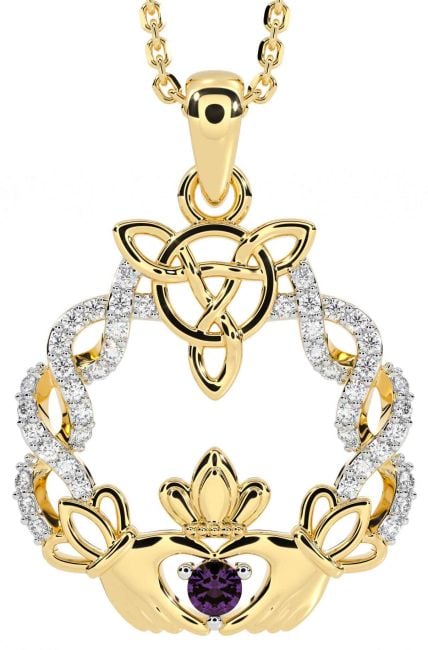 Diamond Alexandrite Gold Celtic Claddagh Necklace