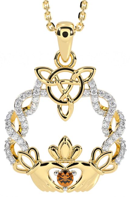 Diamond Citrine Gold Celtic Claddagh Necklace