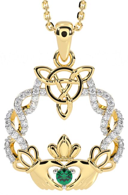 Diamond Emerald Gold Celtic Claddagh Necklace