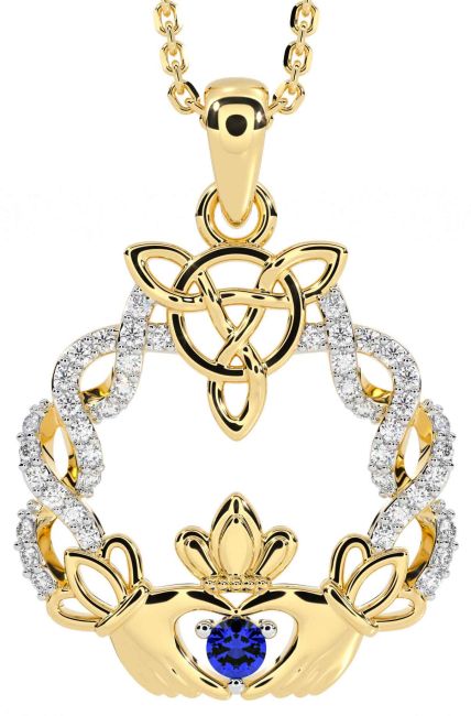 Diamond Sapphire Gold Celtic Claddagh Necklace