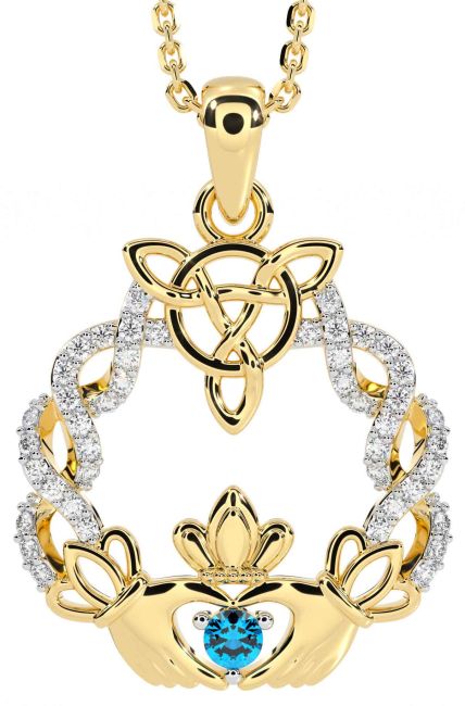 Diamond Topaz Gold Celtic Claddagh Necklace