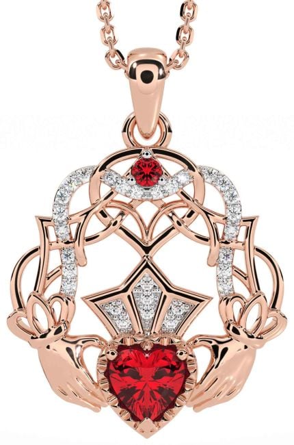 Diamond Ruby Rose Gold Silver Celtic Claddagh Necklace