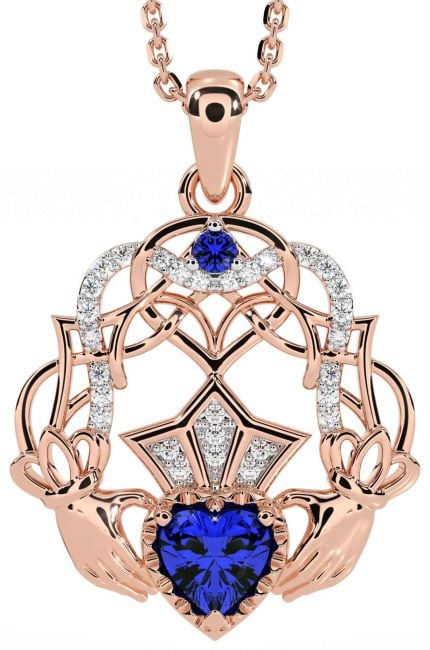 Diamond Sapphire Rose Gold Silver Celtic Claddagh Necklace