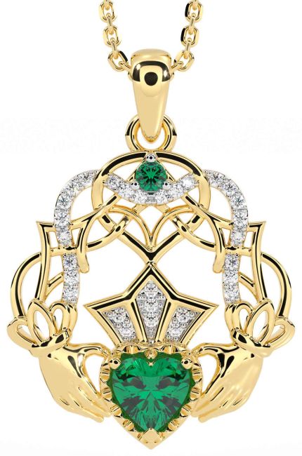 Diamond Emerald Gold Silver Celtic Claddagh Necklace