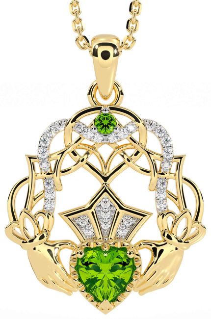 Diamond Peridot Gold Silver Celtic Claddagh Necklace