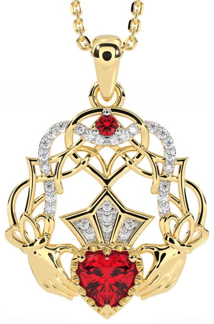 Diamond Ruby Gold Silver Celtic Claddagh Necklace