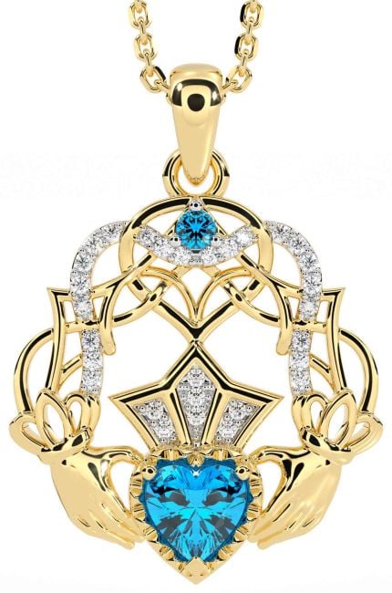 Diamond Topaz Gold Silver Celtic Claddagh Necklace