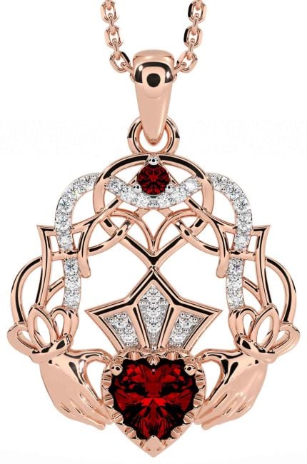 Diamond Garnet Rose Gold Celtic Claddagh Necklace