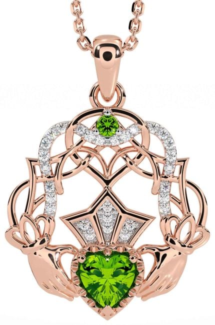 Diamond Peridot Rose Gold Celtic Claddagh Necklace