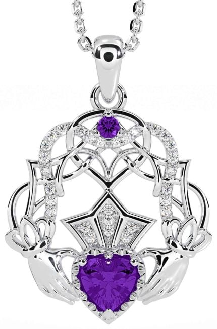 Diamond Amethyst Silver Celtic Claddagh Necklace