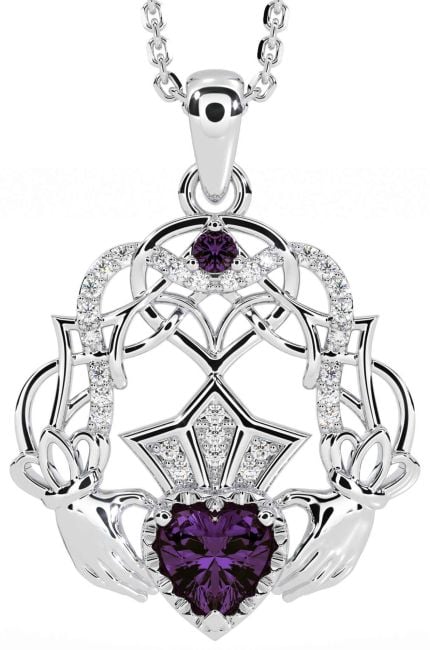 Diamond Alexandrite White Gold Celtic Claddagh Necklace