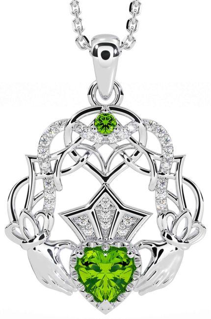 Diamond Peridot White Gold Celtic Claddagh Necklace