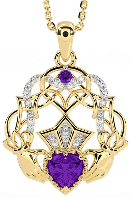 Diamond Amethyst Gold Celtic Claddagh Necklace