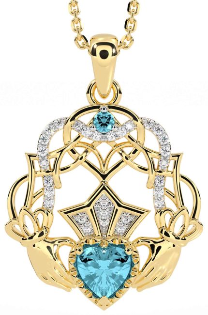 Diamond Aquamarine Gold Celtic Claddagh Necklace