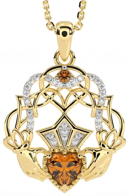 Diamond Citrine Gold Celtic Claddagh Necklace