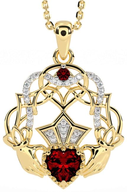 Diamond Garnet Gold Celtic Claddagh Necklace