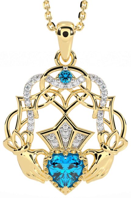 Diamond Topaz Gold Celtic Claddagh Necklace