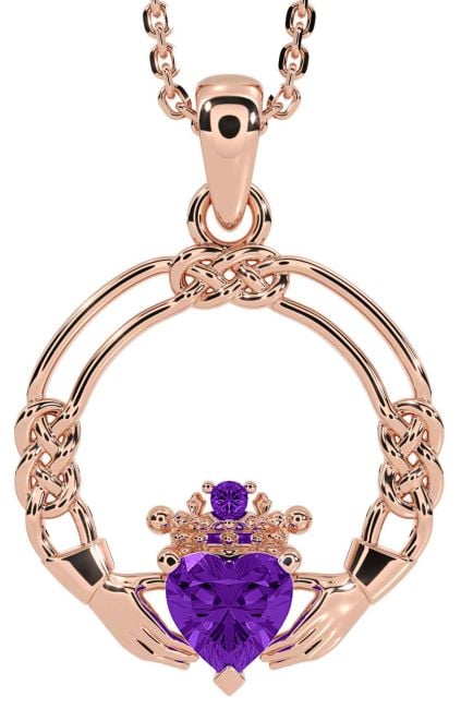 Amethyst Rose Gold Silver Celtic Claddagh Necklace