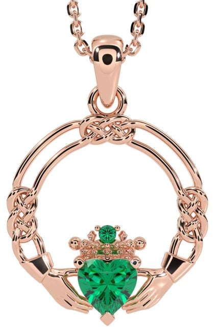 Emerald Rose Gold Silver Celtic Claddagh Necklace