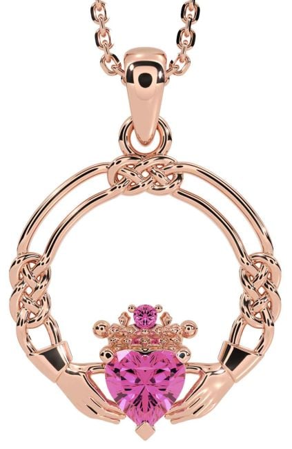 Pink Tourmaline Rose Gold Silver Celtic Claddagh Necklace