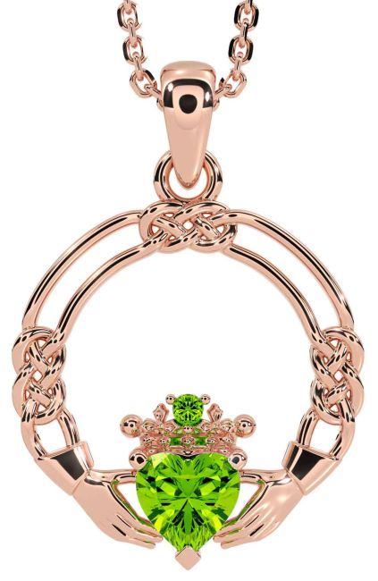 Peridot Rose Gold Silver Celtic Claddagh Necklace