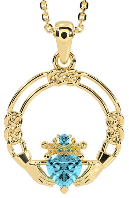 Aquamarine Gold Silver Celtic Claddagh Necklace