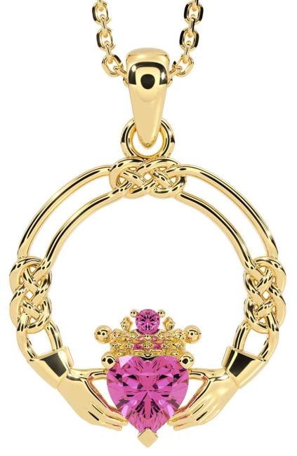 Pink Tourmaline Gold Silver Celtic Claddagh Necklace