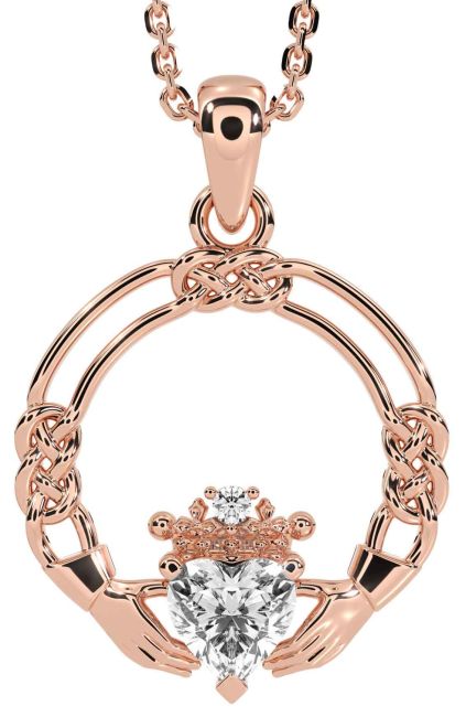 Diamond Rose Gold Celtic Claddagh Necklace