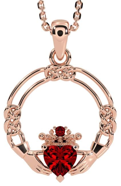 Garnet Rose Gold Celtic Claddagh Necklace