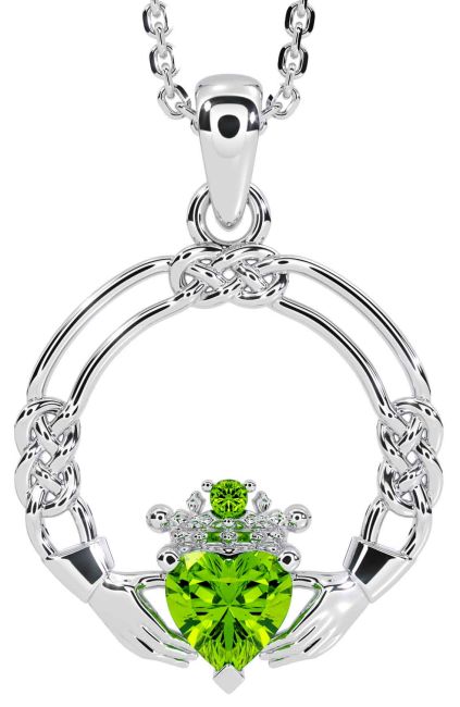 Peridot Silver Celtic Claddagh Necklace