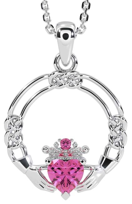 Pink Tourmaline White Gold Celtic Claddagh Necklace
