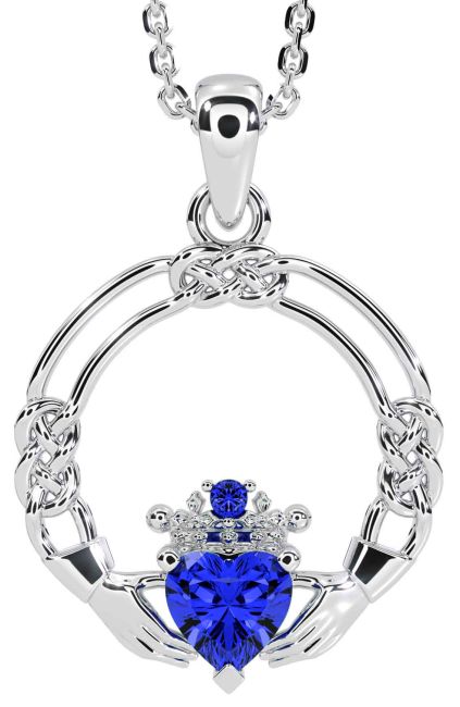 Sapphire White Gold Celtic Claddagh Necklace