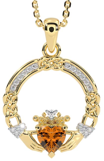 Diamond Citrine Gold Silver Celtic Claddagh Necklace