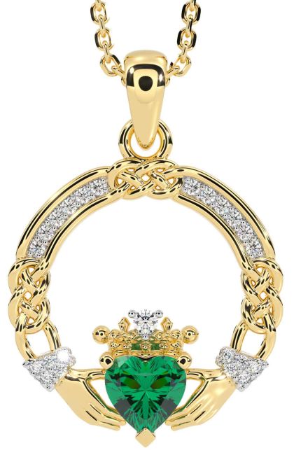 Diamond Emerald Gold Silver Celtic Claddagh Necklace