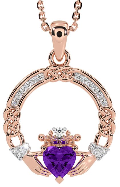 Diamond Amethyst Rose Gold Celtic Claddagh Necklace