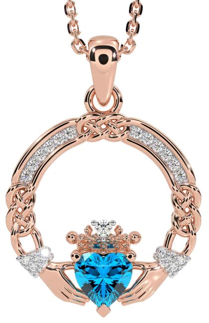 Diamond Topaz Rose Gold Celtic Claddagh Necklace