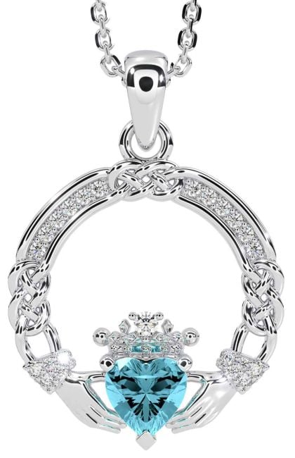 Diamond Aquamarine Silver Celtic Claddagh Necklace