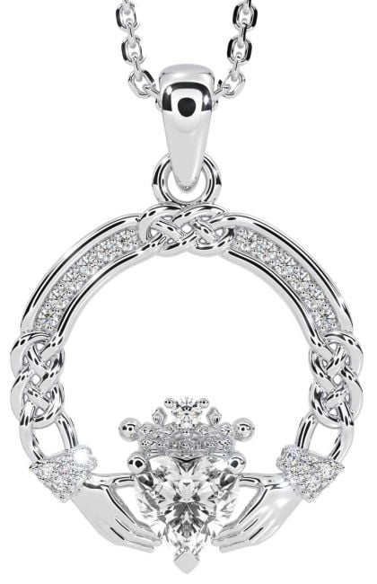 Diamond Silver Celtic Claddagh Necklace