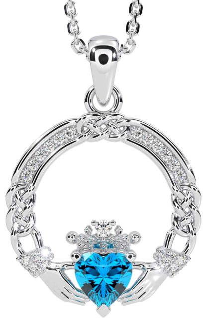 Diamond Topaz Silver Celtic Claddagh Necklace