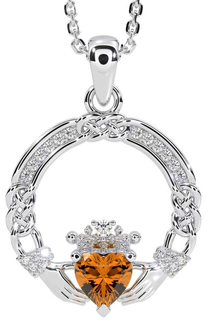 Diamond Citrine White Gold Celtic Claddagh Necklace